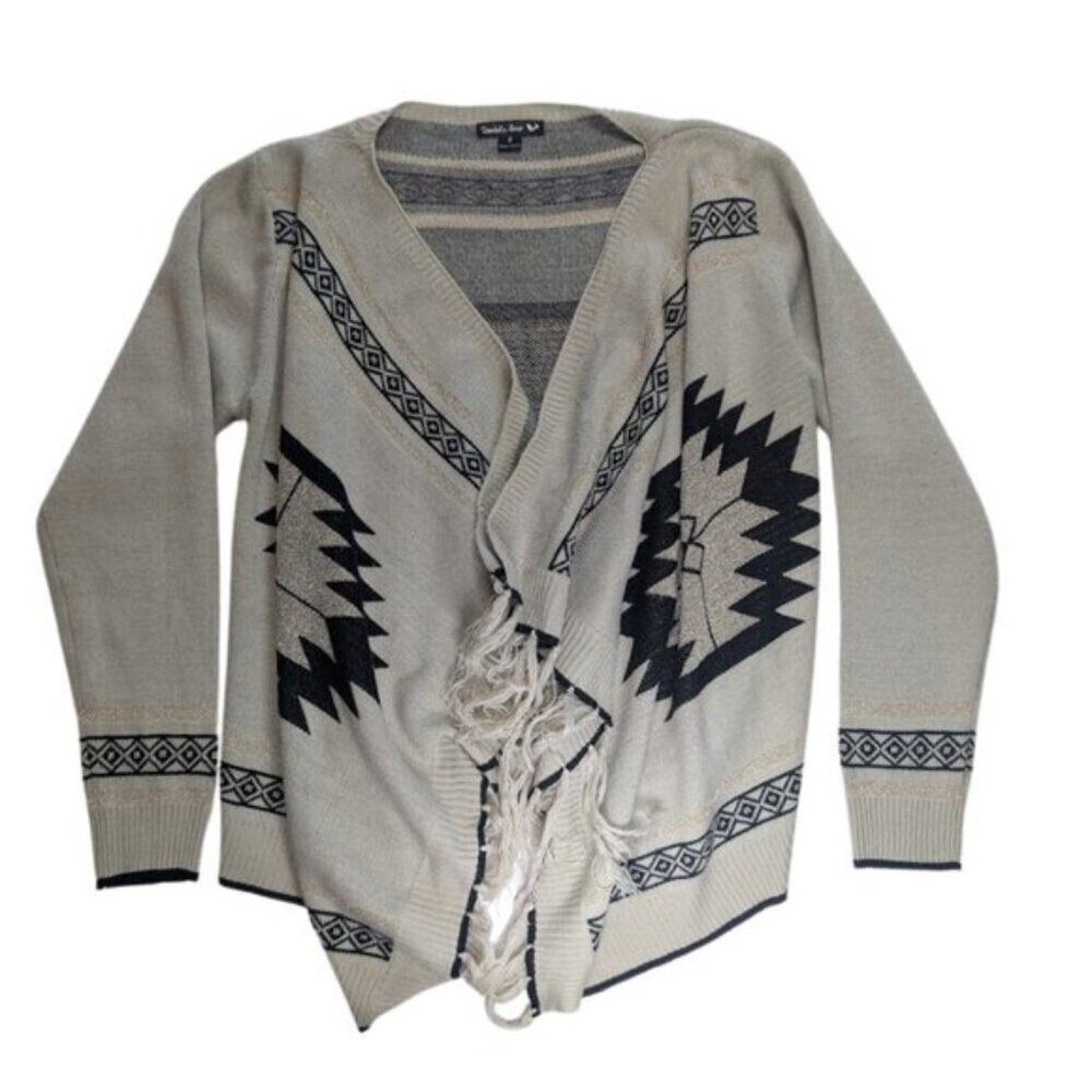 Double Zero Open Front Cardigan Sweater Tan Black Western Aztec Fringe Size Med